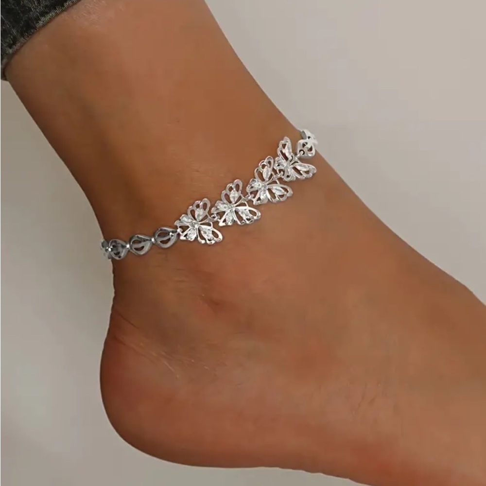 Butterfly Zircon Anklet Bracelet Silver Tone Adjustable Summer Beach Jewelry